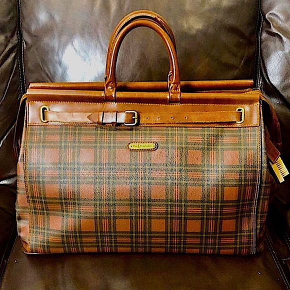 RALPH LAUREN Tartan Plaid Brown Green Doctor Bag Boston Weekend Travel Suitcase - Picture 8 of 17